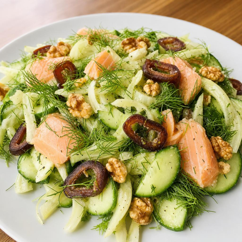 Fenchel-Gurken-Salat mit Lachs und Datteln