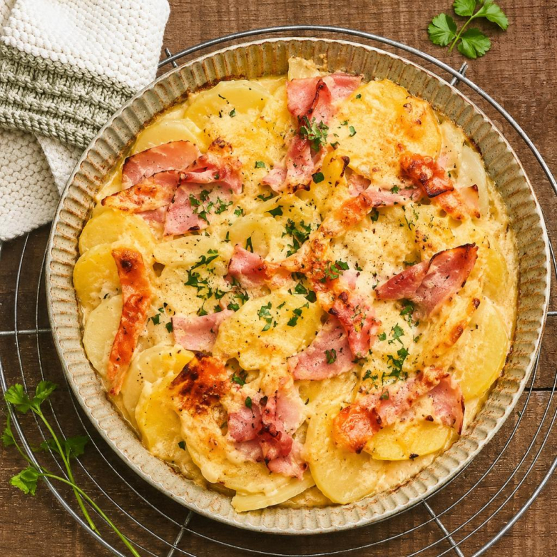 Kartoffel-Kohlrabi-Auflauf mit gekochtem Schinken
