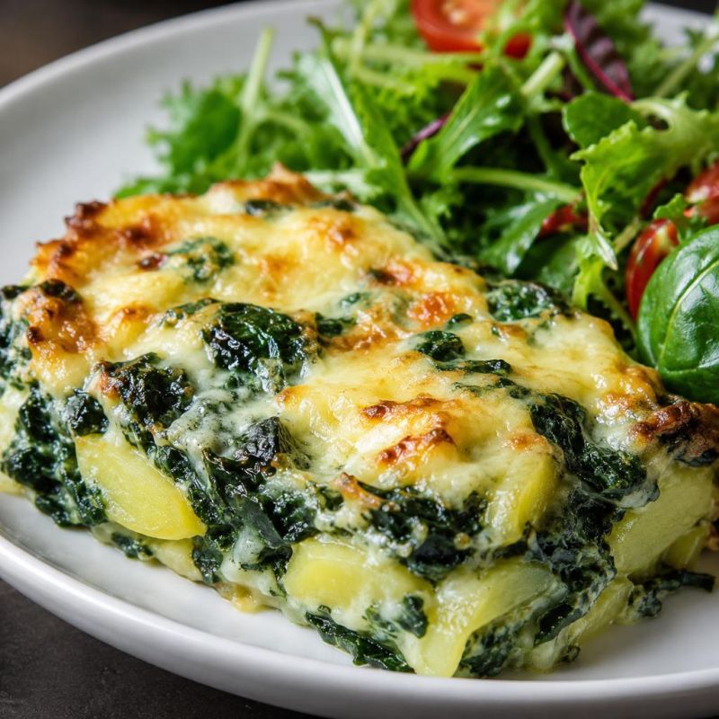 Vegetarisches, leichtes Kartoffel-Spinat-Gratin